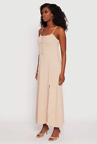 Womens Airy Side Slit Maxi Dress, Beige, Size S