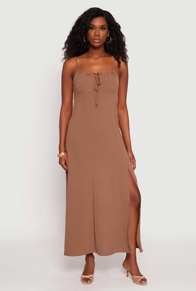 Womens Airy Side Slit Maxi Dress, Brown, Size S