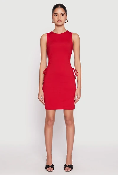Womens Ribbed Knit Drawstring Side Cut Out Dress, Red, Size M