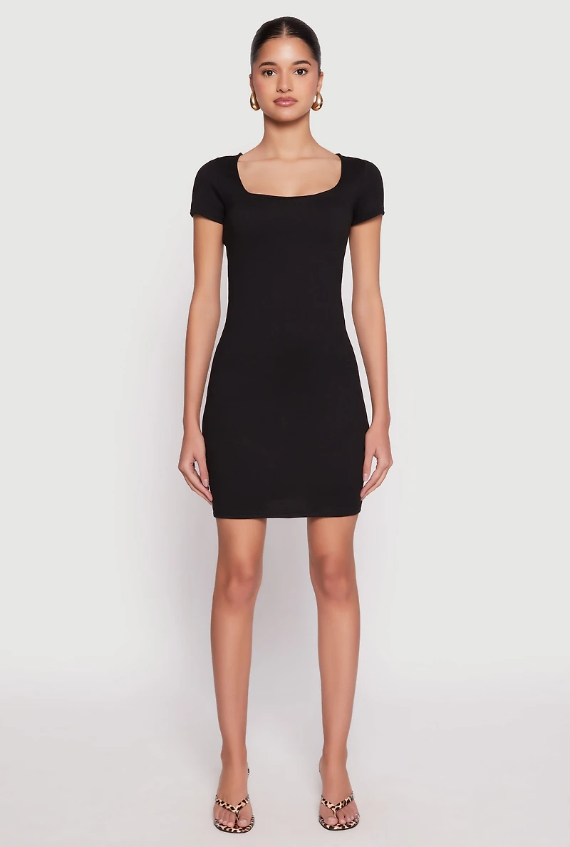 Womens Square Neck Mini T Shirt Dress, Black, Size M