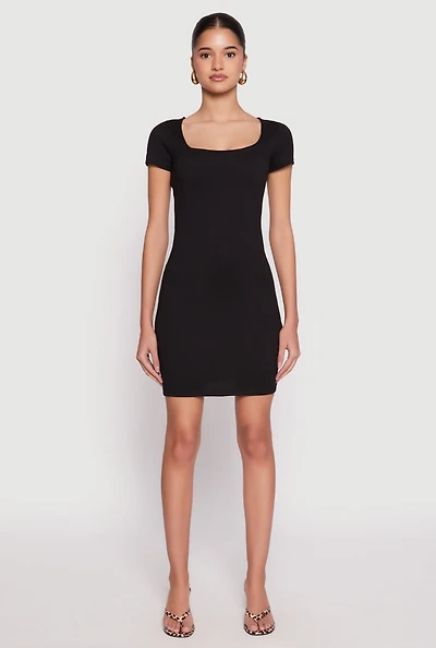 Womens Square Neck Mini T Shirt Dress, Black, Size M
