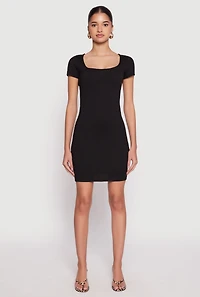 Womens Square Neck Mini T Shirt Dress, Black, Size M