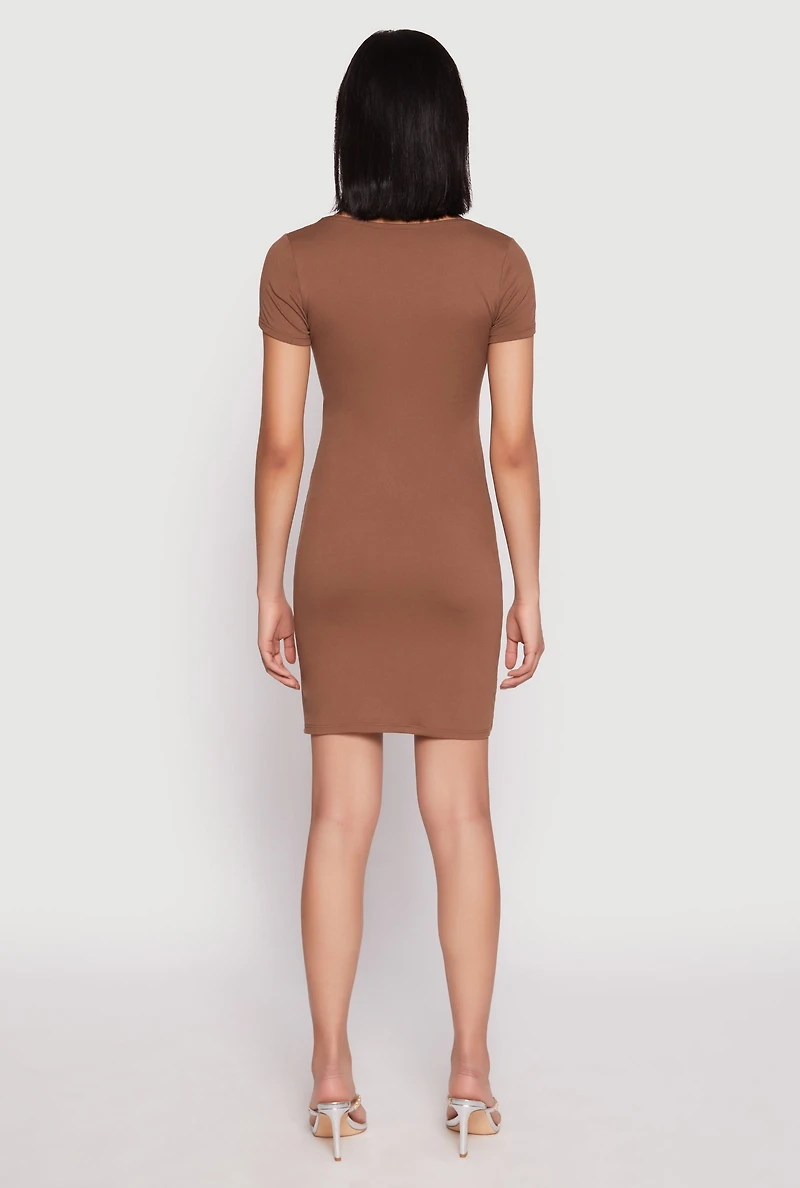 Womens Square Neck Mini T Shirt Dress, Brown, Size M
