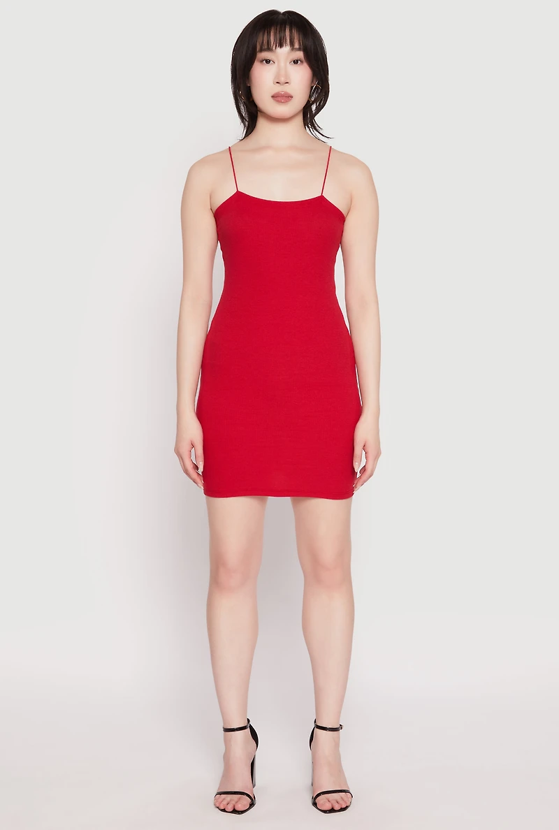 Womens Ribbed Knit Cami Bodycon Dress, Red, Size S