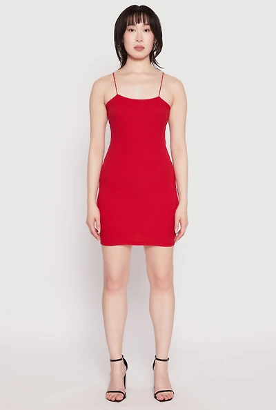Womens Ribbed Knit Cami Bodycon Dress, Red, Size S