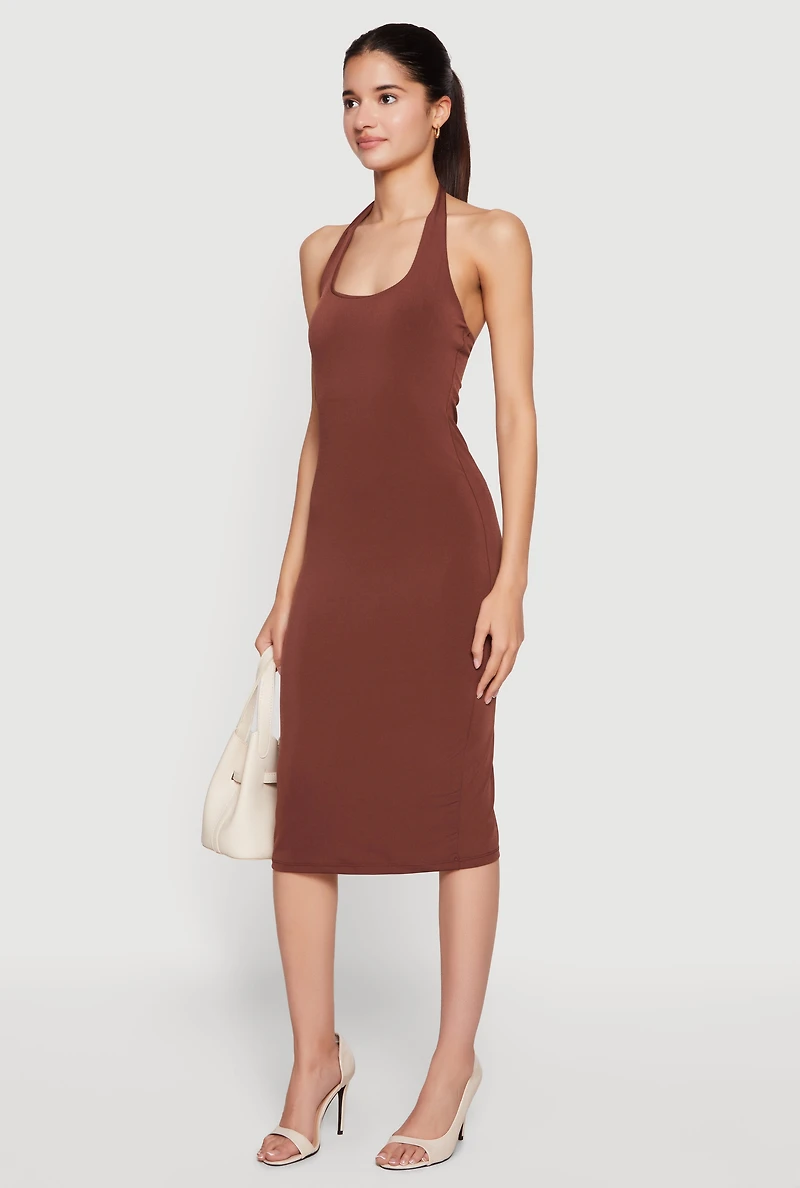 Solid Slit Back Halter Midi Dress