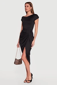 Asymmetrical Ruched Side Slit Midi Dress