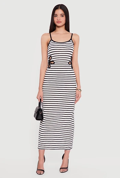 Flower Side Cut Out Striped Maxi Dress