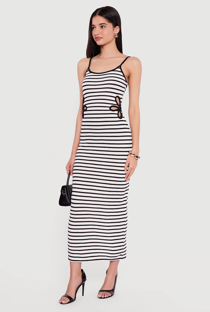 Flower Side Cut Out Striped Maxi Dress