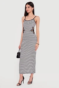 Flower Side Cut Out Striped Maxi Dress