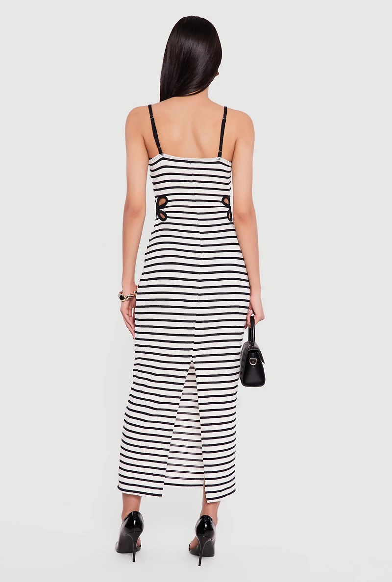 Flower Side Cut Out Striped Maxi Dress