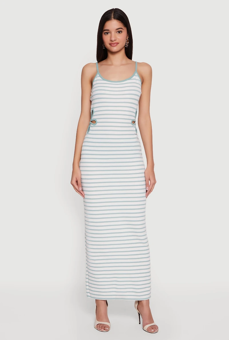 Flower Side Cut Out Striped Maxi Dress