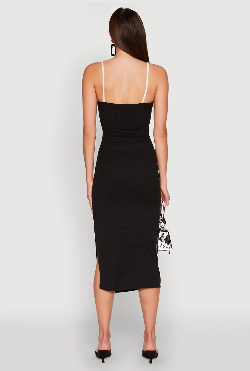 Womens Contrast Trim Tie Front Side Slit Dress,