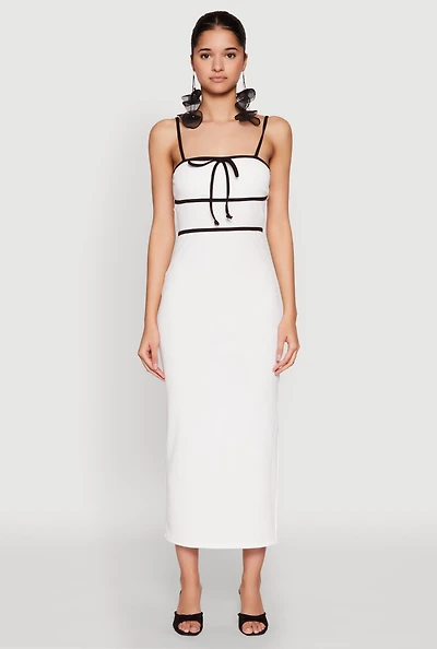 Womens Contrast Trim Tie Front Side Slit Dress, White, Size L