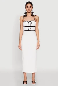 Womens Contrast Trim Tie Front Side Slit Dress, White, Size L