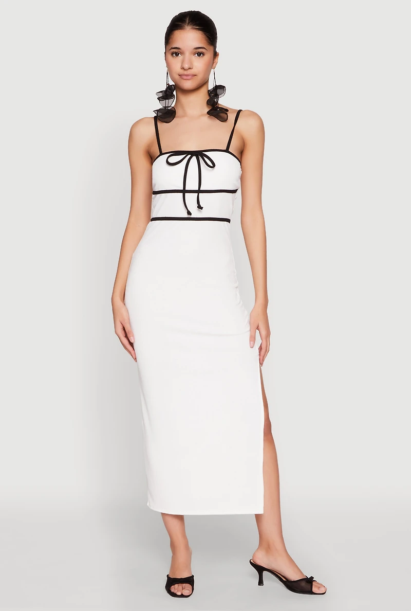 Womens Contrast Trim Tie Front Side Slit Dress, White, Size L