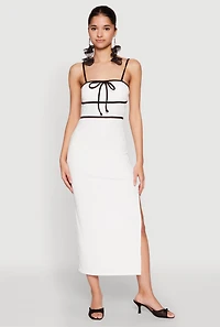Womens Contrast Trim Tie Front Side Slit Dress, White, Size L