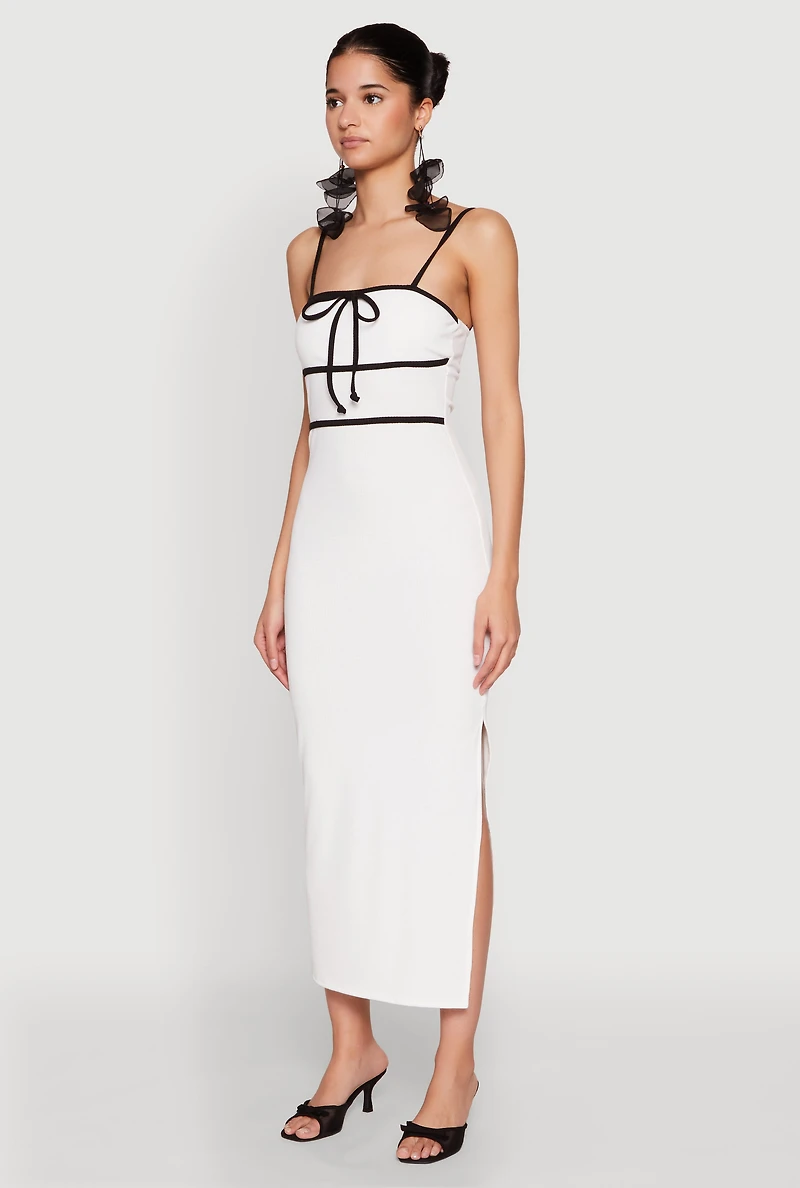 Womens Contrast Trim Tie Front Side Slit Dress, White, Size L