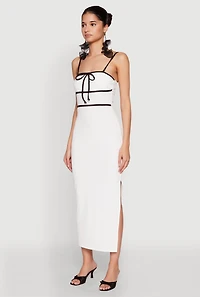 Womens Contrast Trim Tie Front Side Slit Dress, White, Size L