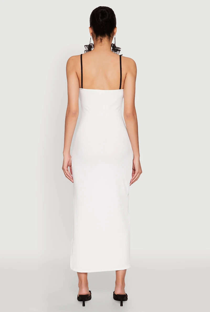 Womens Contrast Trim Tie Front Side Slit Dress, White, Size L