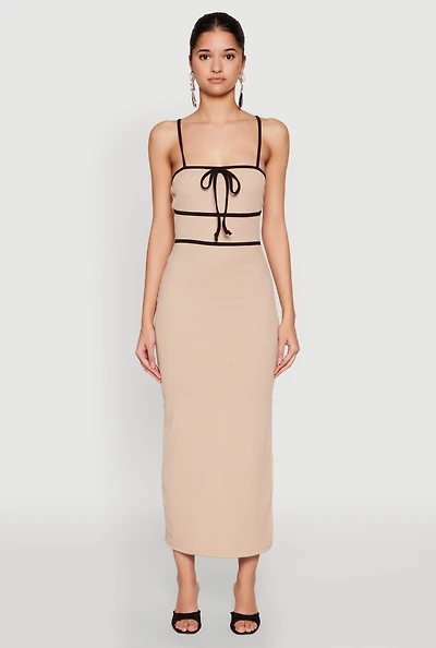 Womens Contrast Trim Tie Front Side Slit Dress,