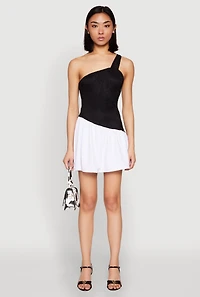 Womens One Shoulder Asymmetrical Color Block Mini Dress, Multi,
