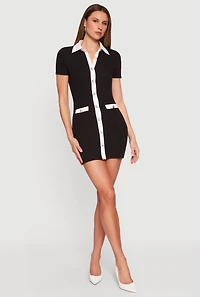 Contrast Trim Button Front Mini Shirt Dress