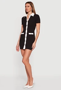 Contrast Trim Button Front Mini Shirt Dress