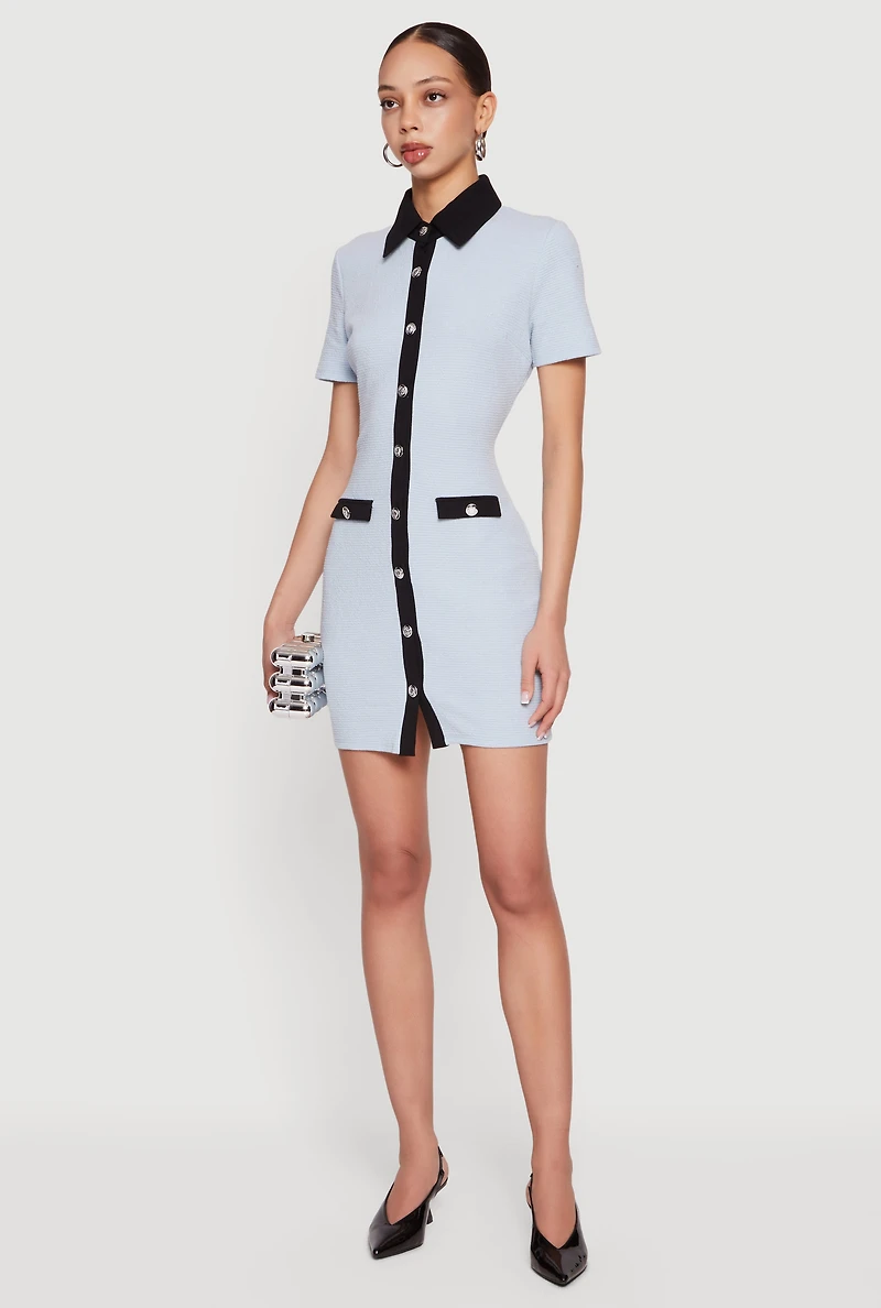 Contrast Trim Button Front Mini Shirt Dress