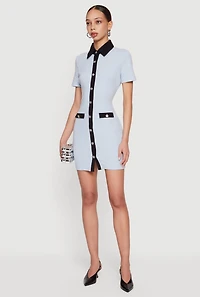 Contrast Trim Button Front Mini Shirt Dress