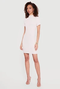 Textured Knit Mock Neck Short Sleeve Mini Dress