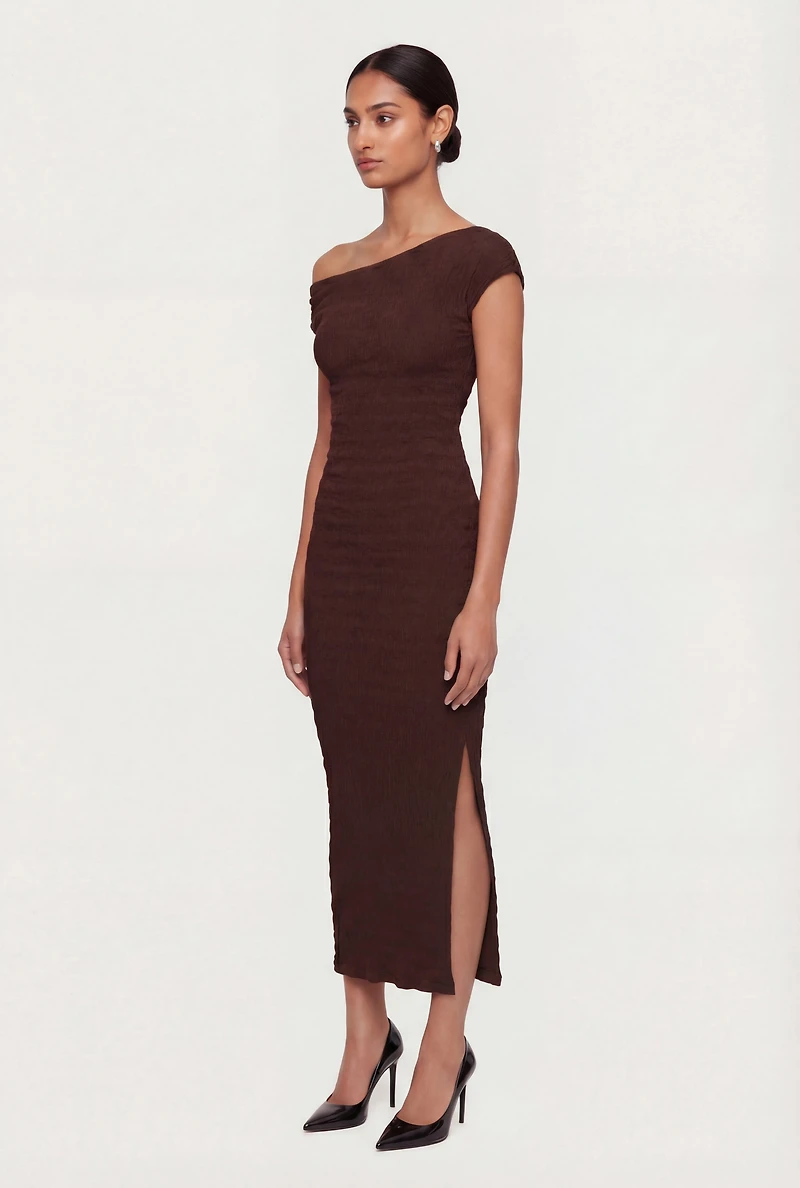 Ruched One Shoulder Textured Knit Midi Dress