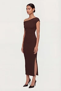 Ruched One Shoulder Textured Knit Midi Dress