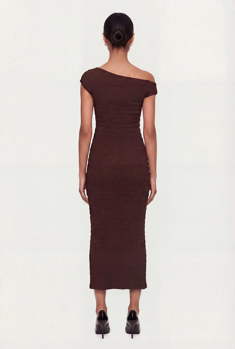 Ruched One Shoulder Textured Knit Midi Dress