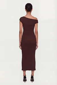 Ruched One Shoulder Textured Knit Midi Dress