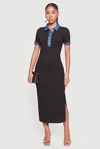 Denim Trim Polo Dress with Side Slit