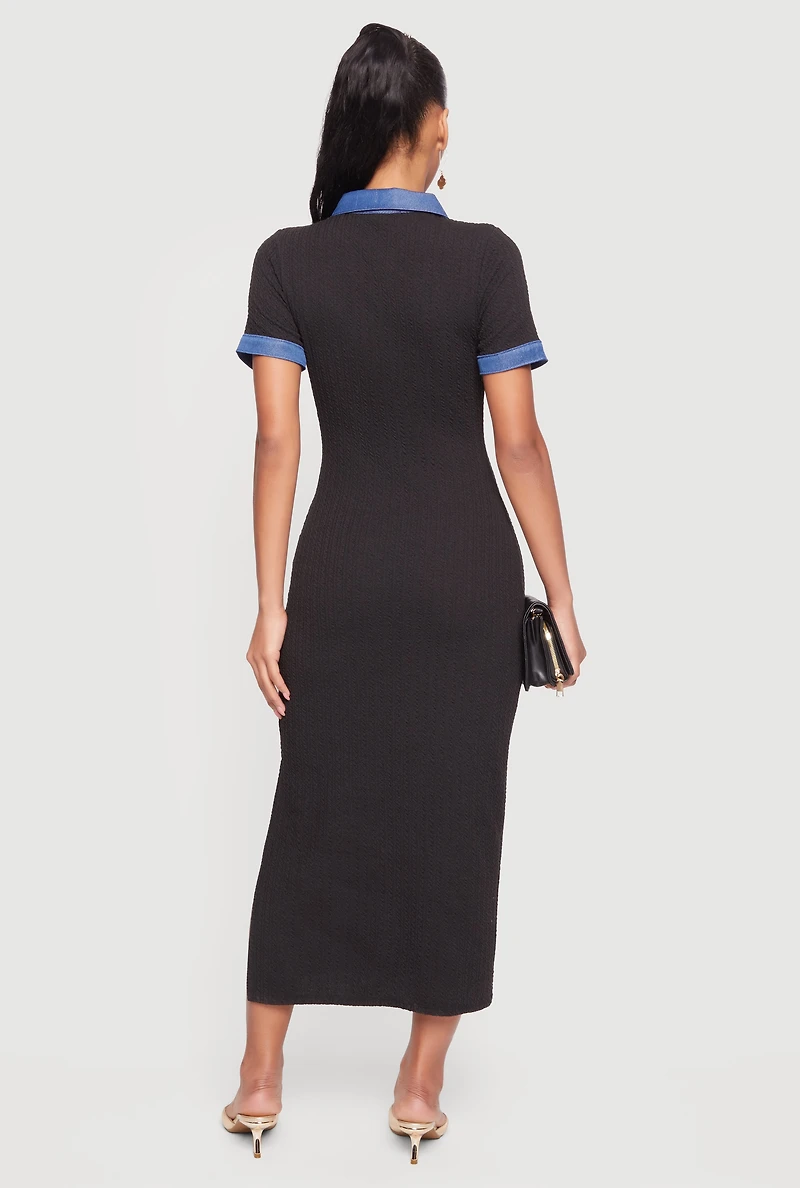 Denim Trim Polo Dress with Side Slit