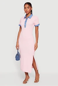 Denim Trim Polo Dress with Side Slit