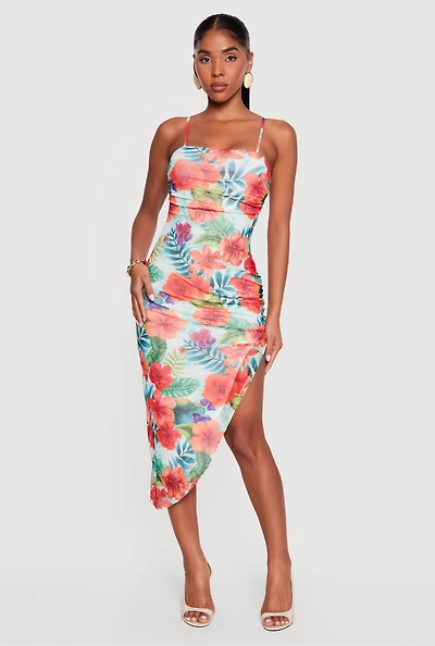 Floral Mesh Ruched Side Asymmetrical Hem Dress