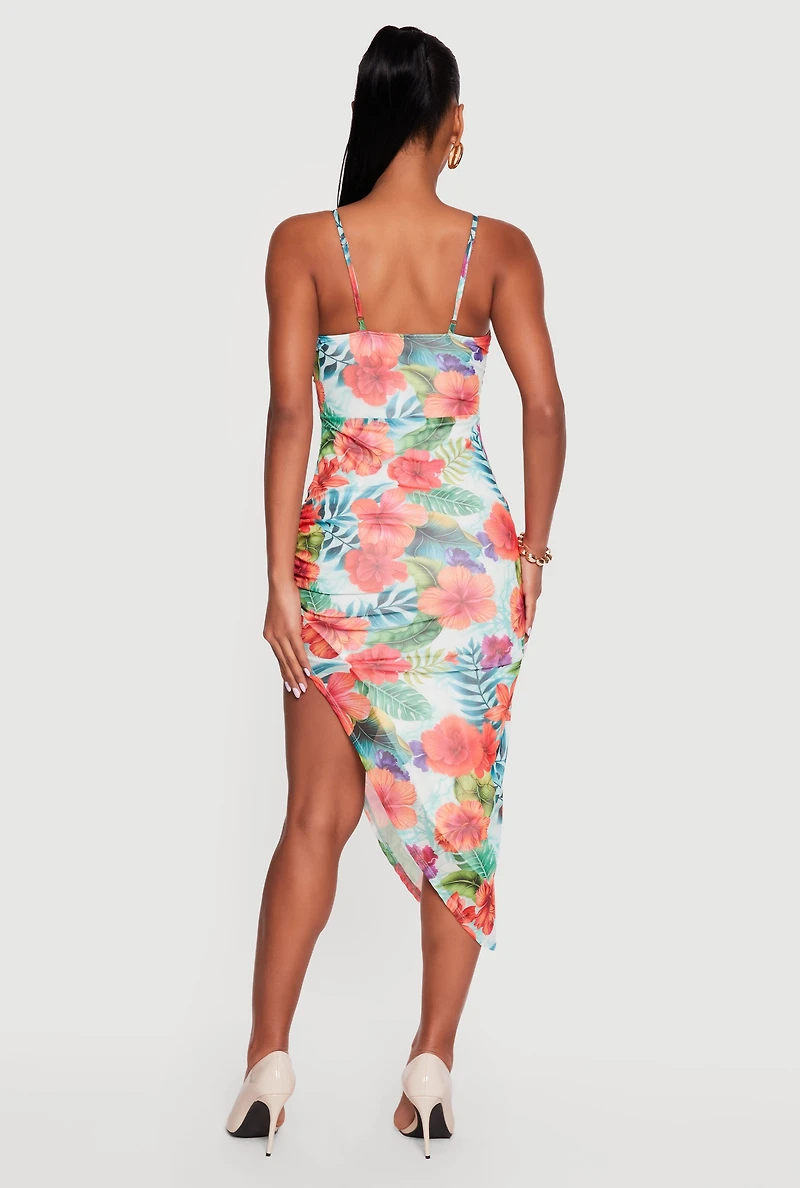 Floral Mesh Ruched Side Asymmetrical Hem Dress