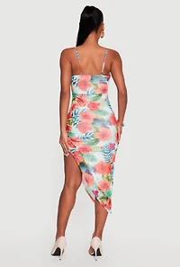 Floral Mesh Ruched Side Asymmetrical Hem Dress