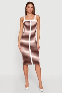 Square Neck Faux Button Striped Midi Dress
