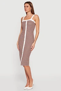 Square Neck Faux Button Striped Midi Dress