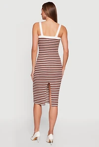 Square Neck Faux Button Striped Midi Dress