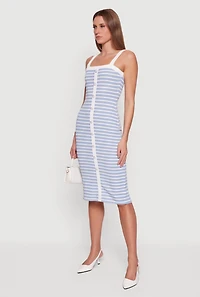 Square Neck Faux Button Striped Midi Dress