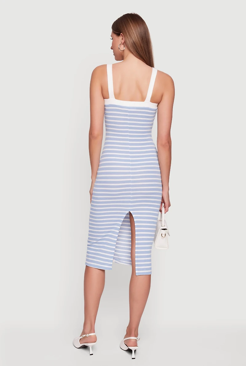 Square Neck Faux Button Striped Midi Dress