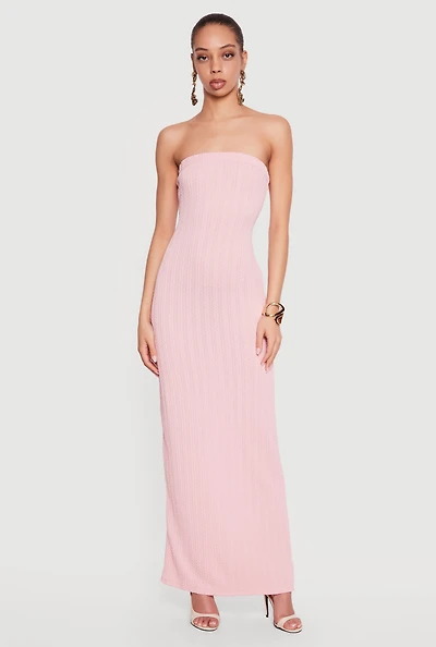Textured Knit Back Slit Tube Maxi Dress