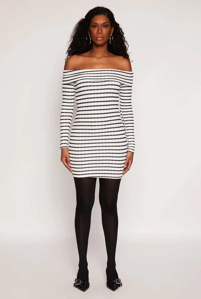 Womens Textured Knit Striped Off The Shoulder Dress, Multi, Size M