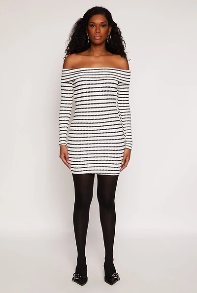 Textured Knit Striped Off The Shoulder Dress