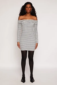 Textured Knit Striped Off The Shoulder Dress